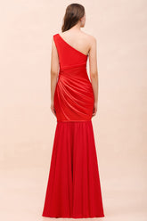 Chic One Shoulder Beading Ruffle Red Bridesmaid Dress with Detachable Skirt-27dress